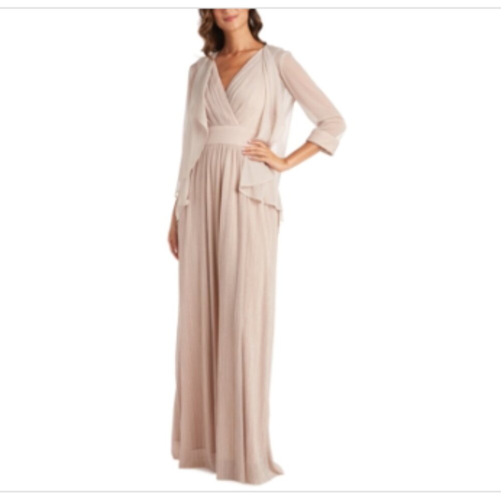R&m Richards Womens Beige Glitter Sheer Unlined 3/4 Sleeve Open Front Wear to Wo
